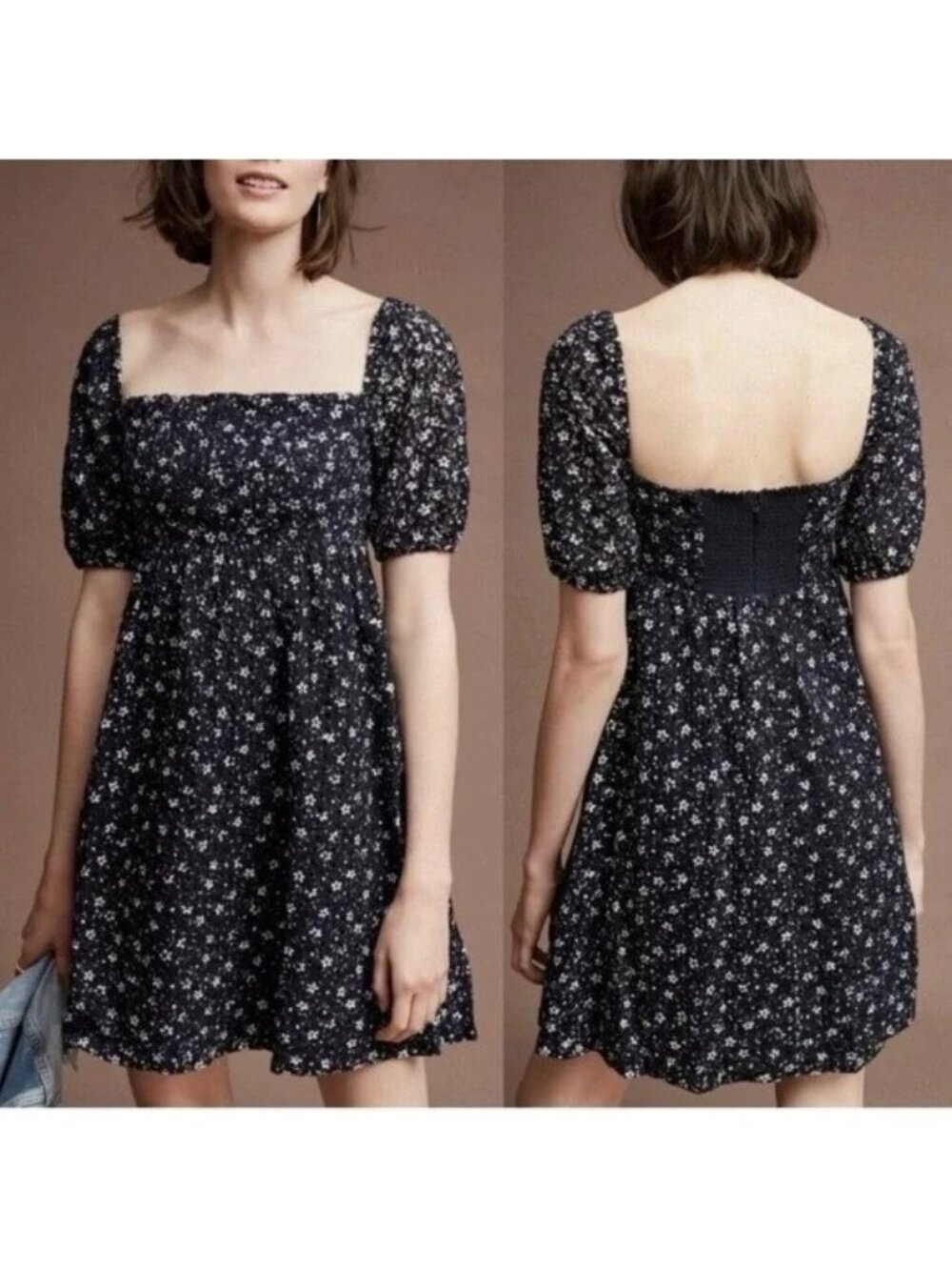 ANTHROPOLOGIE Maeve Size 12 Baby Doll Embroidered Eyelet Floral Navy Dress